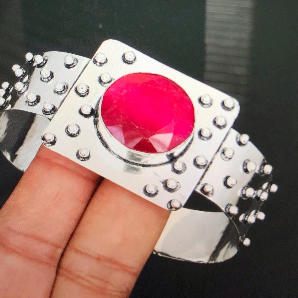 Garnet Stamped Solid 925 Sterling Silver Cuff Bracelet